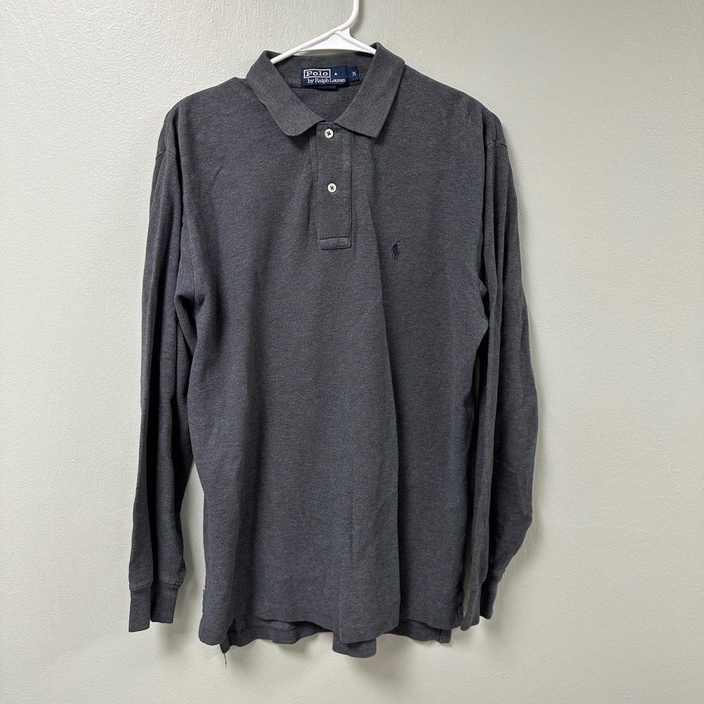 Polo Ralph Lauren Mens Medium Long Sleeve Polo Shirt Gray Pique Cotton Pony Logo